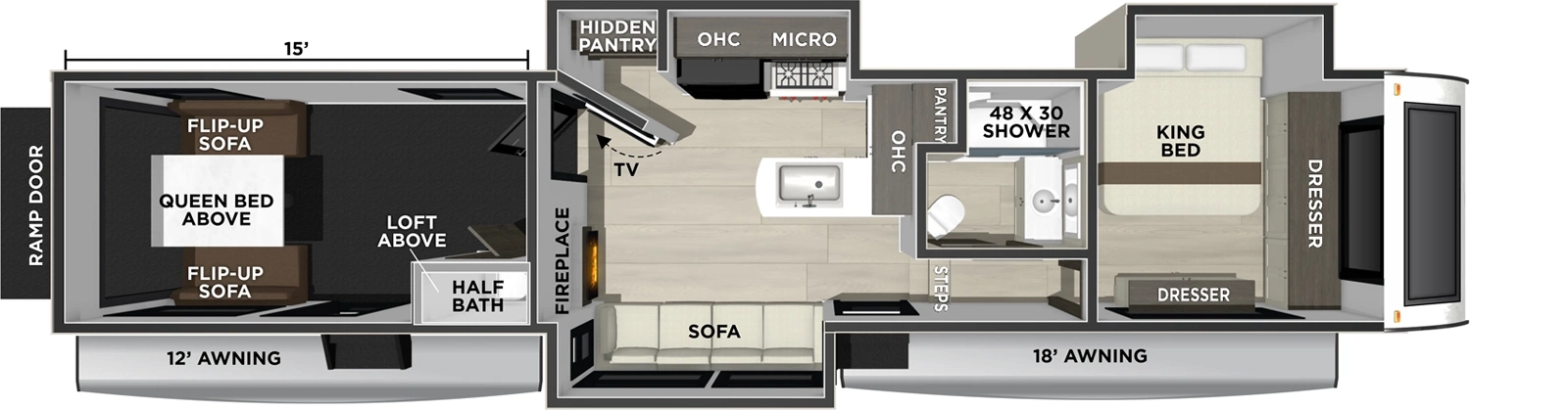 The Vengeance 4415 floorplan is a toy hauler that has two entries and three slide outs. Exterior features include: fiberglass exterior and 12' & 18' awning. Interiors features include: loft and front bedroom.
